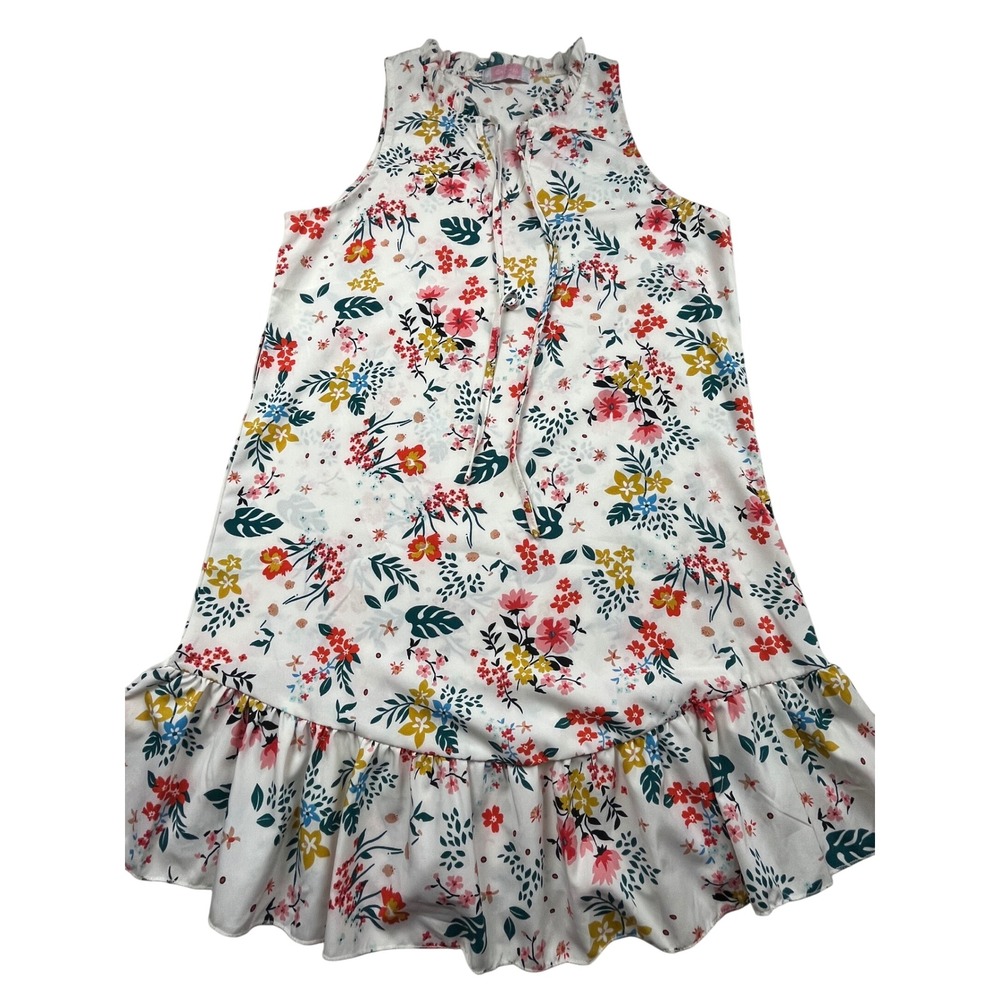 C+D+M Collection Floral Sleeveless Ruffle Hem Dress White Small